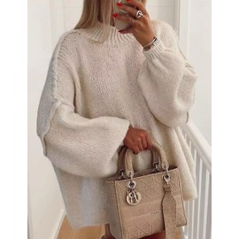 TIQOJE Women's Oversized Crewneck Fall Sweaters for Women 2024 Long Sleeve Fuzzy Knit Chunky Pullover Sweater(Beige-M)