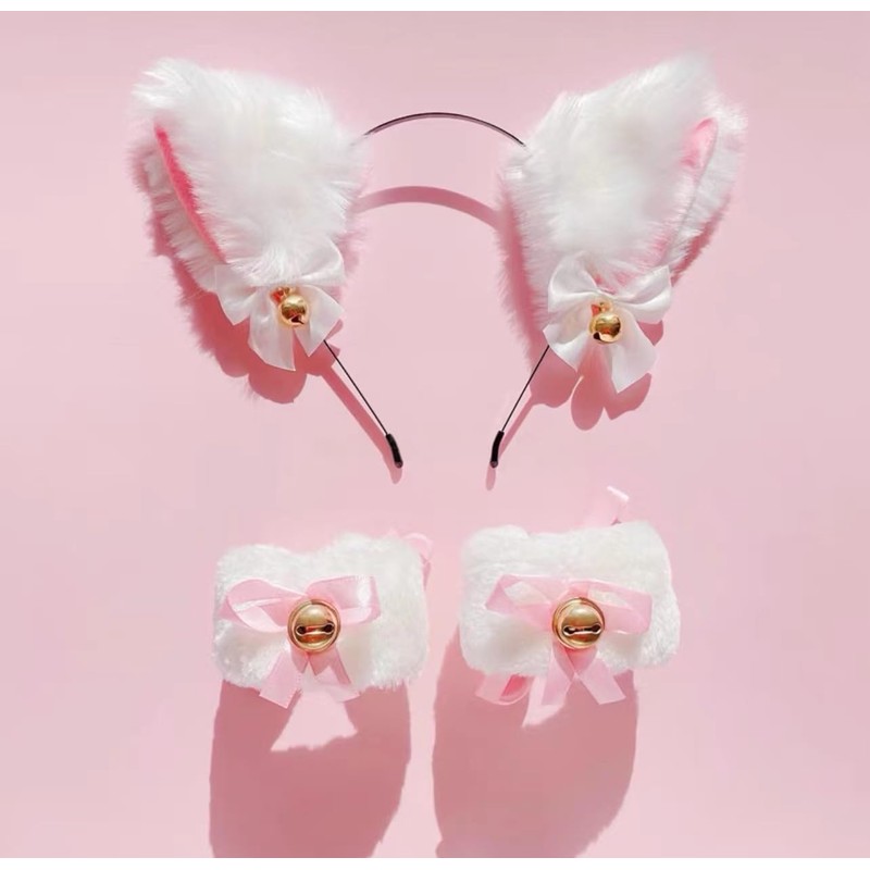 Cat Headband Cat's ears headdress and Plush wristband (White, One