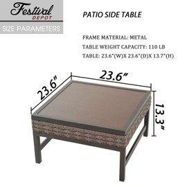Sports Festival 23.6" Patio Coffee Table Wood Grain Top Wicker Side Table Metal Frame Table Outdoor Furniture for Porch Deck