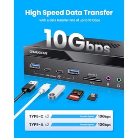 GRAUGEAR Lector de Tarjetas de Panel Frontal USB 3.2 de 5.25 Pulgadas y 10 Gbps con Puertos de Audio, Lector de Tarjetas Interno SD/microSD, USB 3.2 T