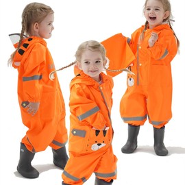 Toddler Rain Suit Baby Rain Suit Kids Rain Suits with Hood Waterproof Coverall One Piece Rain Suit for Kids(1-9 Years) Orange