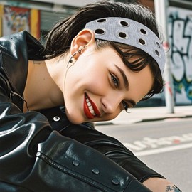 Tizee Y2K Punk Grommet Headband | Wide Elastic Hair Bandana | Grunge Head Wrap for Women men | Fashion Eyelets Cloth Accessory | Ideal for Sports, Running, Gym, and Summer (Grey, Large)