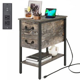 VECELO End Tables,Narrow Nightstands with Charging Station & USB Ports &Drawers,Night Stand for Living Room, Bedroom,Misty Gray