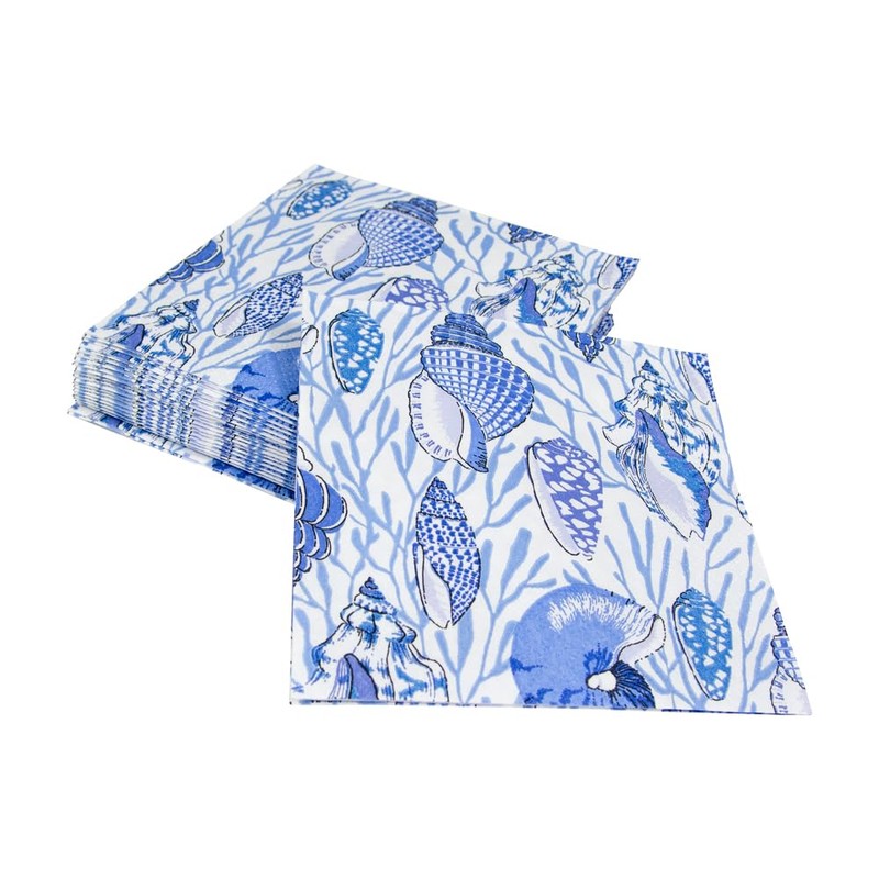 Caspari Shell Toile Paper Cocktail Napkins in Blue - 20