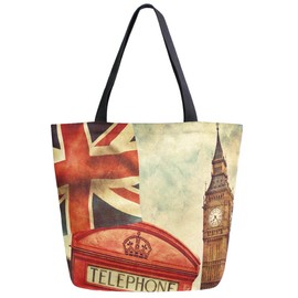 ZzWwR Vintage London England British Flag Big Ben Extra Large Canvas Shoulder Tote Top Storage Handle Bag for Gym Beach Weekender Travel Reusable Grocery Shopping