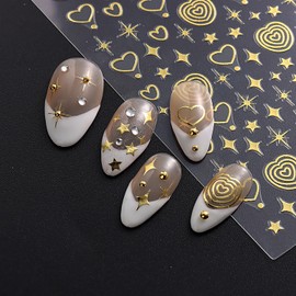 Vezocim Gold Nail Art Stickers, Sun Moon Stars Heart Line Flower Nail Self-Adhesive Sticker Design, 3D Gold Nail Transfer Decals for Women Girls Manicure Charms Decorations, DIY Nail Art Decal