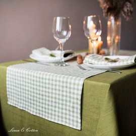Linen & Cotton Rustic Table Runner Estella - 100% Linen, White Green (40 x 180 cm) Rectangular Chequered Washable Table Runner Kitchen Linen Table Decoration for Home Country Cottage Spring Easter