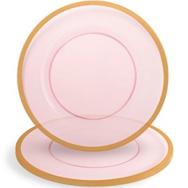 Blue Sky Pink Charger Plates With Gold Rim 4 Pack - 13" Round Disposable & Reusable Plastic Chargers for Weddings, Events & Home Décor
