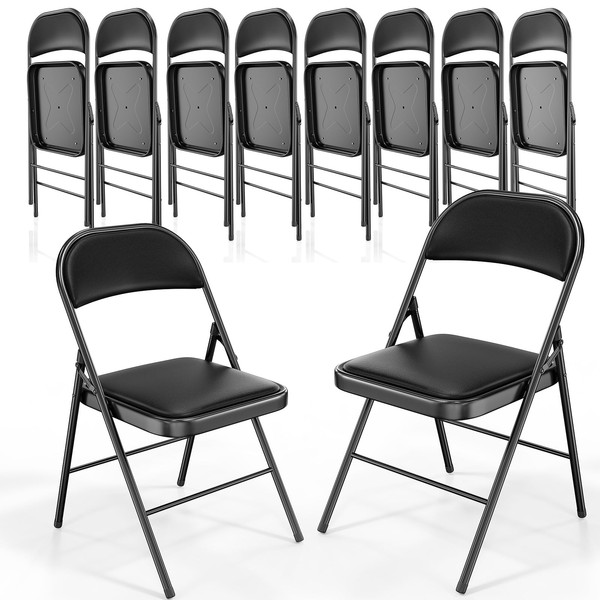 VINGLI Folding Chairs with Padded Seats, Metal Frame with Pu Leather Seat & Back, Capacity 350 lbs, Black, Set of 10