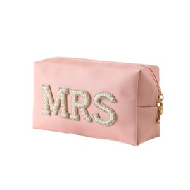 owiter Mrs Cosmetic Large Bag - White Patch Varsity Letter MRS Toiletry Big Bag Pearl Rhinestone Letter Patches Big Makeup PU CB002 (pink)
