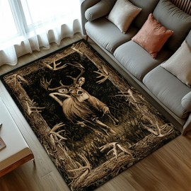 Deer Hunting Rug for Living Room, Camo Deer Rugs, Elk Rustic Carpet, Vintage Style Cabin Rug A01