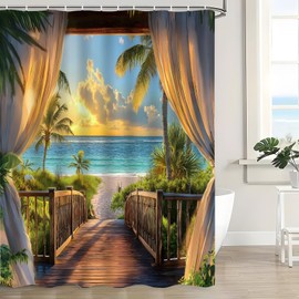 KDYDK Ocean Beach Shower Curtain Teal Orange Sea Sunset View 70" L x 70" W