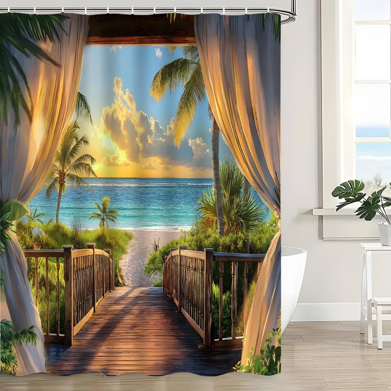 KDYDK Ocean Beach Shower Curtain Teal Orange Sea Sunset View