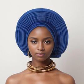 Generic Nigeria Head Ties Wedding Party Headgear Elegant African Headtie Turban Already Made Women's Auto Gele Female Head Wraps (One Size,Royal Blue)