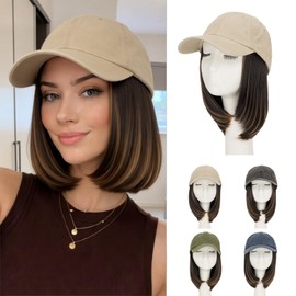 Rich Choices Hat Wigs for Women,Khaki Baseball Cap with Hair Extensions for Women,Short Bob Hairstyle Caps with Hair Attached Adjustable Baseball Cap Wig 6 Inch Highlighted Dark Brown Hair