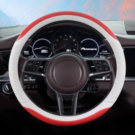 OURTIME Premium Microfiber Leather Car Steering Wheel Cover, Non-Slip,Soft, Breathable,Comfortable,Universal 15 inch (White with Pink)