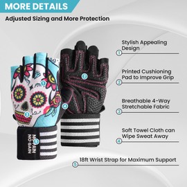 Weight Lifting Workout Gloves Women Men Crossfit with Wrist Wraps Support, Anti-Slip Grip Half Finger Gym Training Glove for Exercise Biking (Blue Skull, Medium)