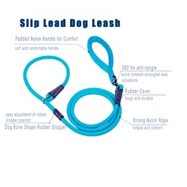 Slip Lead Dog Leash(6ft)，Strong Nylon Rope Leash Anti-Choking Anti-Pull and Outdoor Walking Training Lead for Small Medium Large Dogs (Blue, 1/2"×6ft)