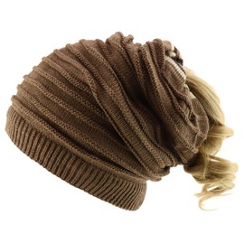 Armycrew Women's Patterned Knit Slouchy Long Reversible Ponytail Beanie - Brown2