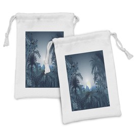 Ambesonne Jungle Fabric Pouch Set of 2, Night in the Rainforest Wild Tiger Animal Moonlight Palm Shrubs Graphic Print, Small Drawstring Bag for Toiletries Masks and Favors, 9" x 6", Teal