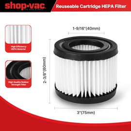 Shop-Vac HEPA Cartridge Filter Replacement, for Shop-Vac 12V Cordless Handheld Vacuum Cleaner, Washable and Reusable, 2 Pack