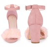 Perphy Fluffy Feather Heels Ankle Strap Chunky Fur Heels Sandal