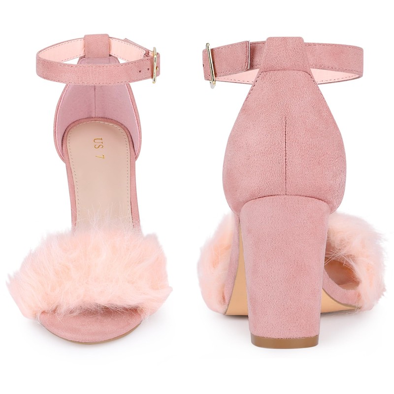 Perphy Fluffy Feather Heels Ankle Strap Chunky Fur Heels Sandal