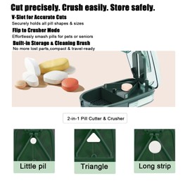 Clear Pill Cutter & Crusher – Precision Tablet Splitter with Safety Blade Guard, Pill Storage and Built-in Cleaning Brush – for Small and Large Pills, Travel Ready (Transparent Green)