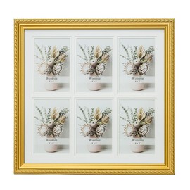 Wontree 4x6 Collage Picture Frame Ornate in Gold with Bead Border and Central Rope, Solid Wood with Real Glass, Fits Six 4x6 Openings Photos or Use as One 14x14 Picture, Vertical for Wall Gallery