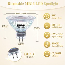 DiCUNO Dimmable GU5.3 LED Bulb 6 W, Replaces 60 W Halogen Spotlight, MR16 LED Spot Neutral White 4000 K, 440 LM, GU5.3 LED 12 V, Recessed Spotlight with Bi-Pin Socket, 40° Beam Angle, CRI85, Set of 6