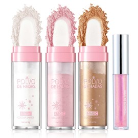 Fairy Highlighter Patting Puder + Lipgloss Set, 3 Stück Polvo de Hadas & Lip Gloss Schimmer, Highlighter Stick Hochpigmentiert & Wasserfest, Lippenöl & Konturenstift & Rouge Stick & Gesicht Brighten