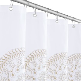 Jubilantex Tan and White Embroidered Shower Curtain for Bathroom, Farmhouse Boho Floral Fabric White and Beige/Ivory/Taupe/Cream Decorative Waterproof Rustic Bath Curtain for Spa Hotel, 70x72 Inches