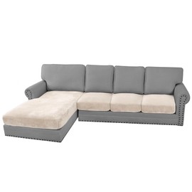 H.VERSAILTEX Velvet Stretch Sectional Couch Covers 4 Pieces Sofa Seat Cushion Covers L Shape Separate Cushion Couch Cover for Both Left/Right Sectional Couch (Large Sofa 3 Seater + 1 Chaise, Ivory)