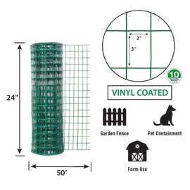 Garden Zone 22450 24 Inches x 50 Feet 16-Gauge Green Vinyl Coated Garden Fence with 3 x 2-Inch Openings, 24" x 50'