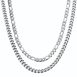 DVRK® Set of 2 silver chains for men with base made of 316L stainless steel - silver chain men's and necklace 55 cm water and sweat resistant - cross - compass, 55 cm, Silver, 316L stainless steel, No