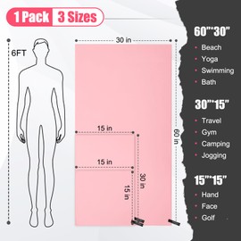 Haoteey Quick Dry Travel Towel, 3 Sizes 1 Pack Camping Microfiber Towel, Lightweight Fast Drying Towels Set 60"x30", 30"x15", 15"x15" w/Bag for Gym, Beach, Hiking, Swimming, Pink