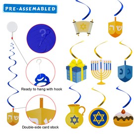 30Pcs Hanukkah Hanging Swirl Decorations - Chanukah Pre-assembled Ceiling Decor Supplies Kit with Menorah, Dreidel Double-sided Cards - Reusable Ceiling Streamers for Jewish Themed Party Decoration