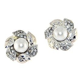 Simulated Rhinestone,Silver-tone Leaves Design and 12mm White Faux Pearl Clip-on Earrings