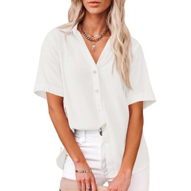 Cicy Bell Womens Short Sleeve Button Down Shirts Cotton Linen V Neck Side Slit Blouse Summer Casual Loose Fit Beach Tops White