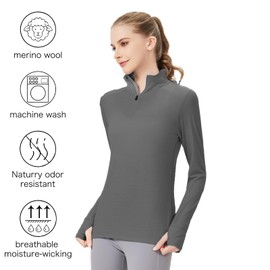 100% Merino Wool - Women's Classic Thermal Merino Base Layer Half Zip Sweater Top for Hiking Outdoors Grey L