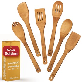 Riveira Dark Bamboo Wooden Spoons for Cooking 6-Piece, Apartment Essentials Wood Spatula Spoon Nonstick Kitchen Utensil Set Premium Quality Housewarming Gifts for Everyday Use