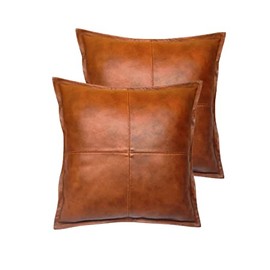 KUIRMODA Lambskin Leather Pillow Cover - Sofa Cushion Case - Decorative Throw Covers for Living Room & Bedroom, 18 x 18 Inches - Brown Box Pack of 2