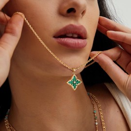 Fettero Gold Clover Necklace for Women Dainty 14K Gold Plated CZ Pendant Necklace Charm Colorful Clover Pendant Lucky Necklace for Women Jewelry - Malachite-green Stone