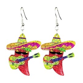 Pingyongchang Cute Cinco De Mayo Letter Glitter Acrylic Dangle Earrings Colorful Pinatas Sombrero Fiesta Hat Guitar Cactus Chili Pepper Earrings for Women Mexican Holiday Jewelry Gift-Chili