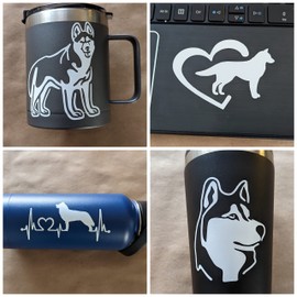 Siberian Husky Decal 4 Pack: Detailed Husky, Husky Heart, Husky Heartbeat, Husky Face Decals (Small ~3.5", White)