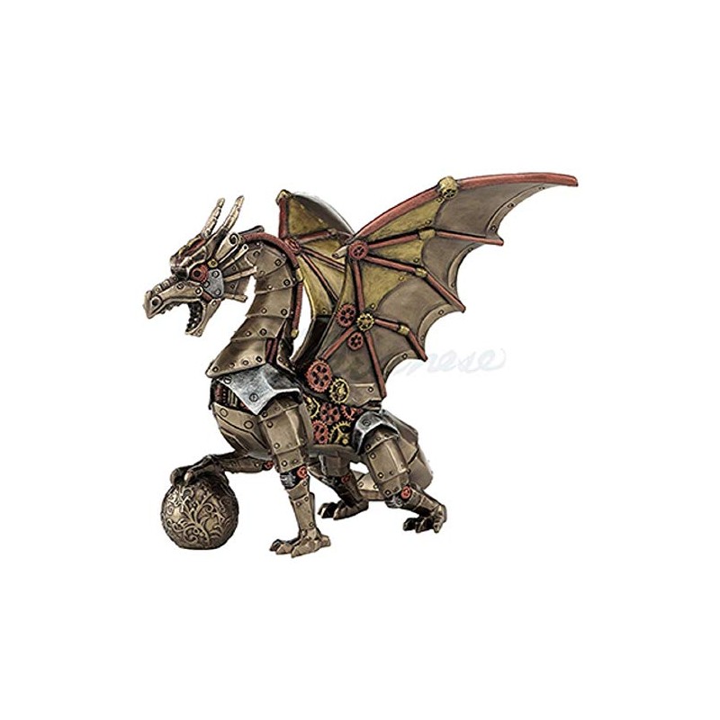 Unicorn Studio Steampunk Mechanical Gear Dragon Sitting Holding Sphere Statue