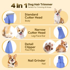 AIBORS Small Dog Grooming Kit, 4 in 1 Electric Cordless Dog Paw Trimmer with Nail Grinder, Low Noise Dog Nail Trimmers, IPX7 Waterproof Small Dog Grooming Clippers for Paws, Ears, Face, Hip Hairl