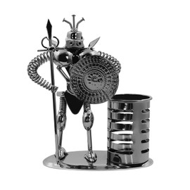 Iron Art Retro Soldier Pen Holder,Metal Samurai Warrior with Spear Shield Pencil Cup Pot Storage Organizer Pencil Holder Container Sculpture Figurine Statues for Home Office Desktop Stationery Gift