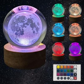 TUUWAI 3D Moon Crystal Ball 2.36" with LED Lamp Colorful Wooden Base Night Light with Removable Glow Ball Color Changing Light with Remote as a Crystal Ball for Boy Friends (3-Moon, 2.36" (Inch))