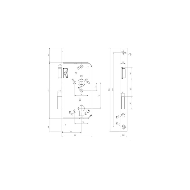 MS Beschläge Mortice Lock Square Edged 235 mm x 20